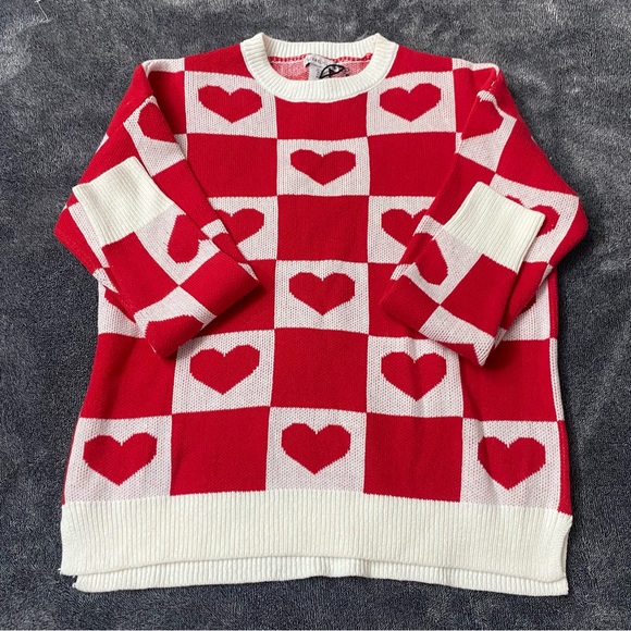 NWT Sincerely Jules Red and White Heart-Pattern Crewneck Woman’s Sweater SZ S - Picture 2 of 9